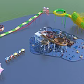 Kids Play Area With Colorful Slides Water Play Equipment Nets And Shade Umbrellas