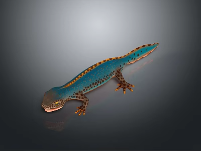 Vibrant detailed blue reptile with bright orange spots on dark gradient background 3d model