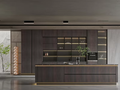 Modern Open Kitchen Bar Counter With Dark Wooden Cabinets And Ambient Lighting 3d model