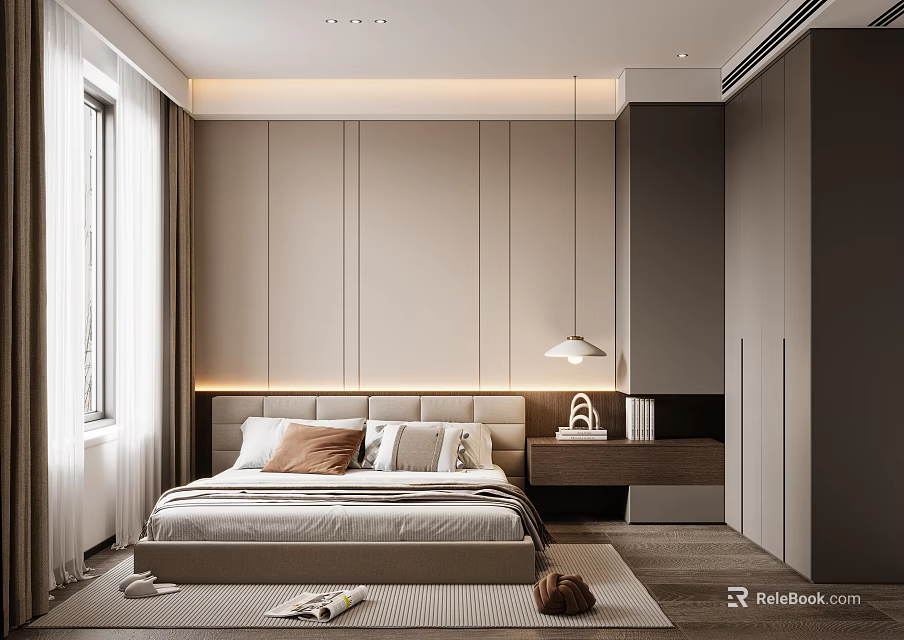 Modern Bedroom Interior Design With Bed Headboard Nightstand Pendant Lamp Curtains And Rug 3d model 