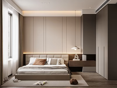 Modern Bedroom Interior Design With Bed Headboard Nightstand Pendant Lamp Curtains And Rug 3d model
