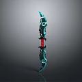 Ornate Curved Blade Weapon With Green Black Color Red Detail And Shiny Metallic Design