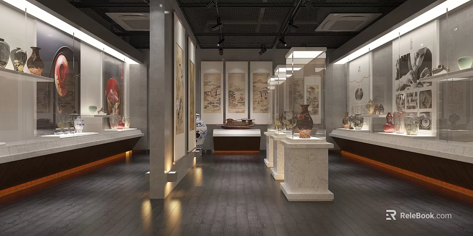 Traditional Cultural Center Interior Design With Ancient Paintings Sculptures And Display Stands 3d model 
