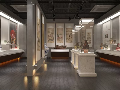 Traditional Cultural Center Interior Design With Ancient Paintings Sculptures And Display Stands 3d model
