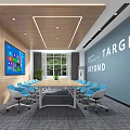 Modern Conference Room Interior With Long Table Blue White Chairs Large Screen And Green Plants