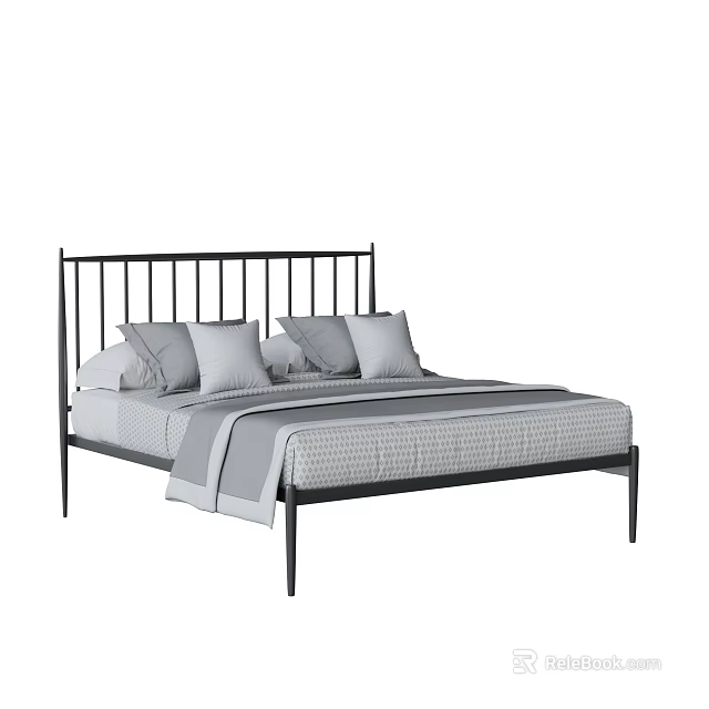 Modern Double Bed With Black Metal Headboard Gray Bedding And Simple Design 3d model 