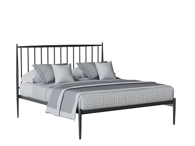 Modern Double Bed With Black Metal Headboard Gray Bedding And Simple Design 3d model