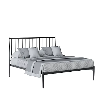 Modern Double Bed With Black Metal Headboard Gray Bedding And Simple Design 3d model