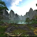 Breathtaking Natural Landscape With Lush Green Mountains Calm Turquoise Lake And Bright Sunny Sky