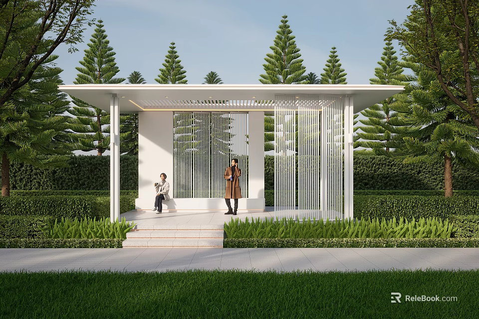 Modern White Pergola With Slatted Design Among Green Trees And Lawn Area 3d model 