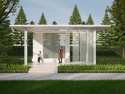 Modern White Pergola With Slatted Design Among Green Trees And Lawn Area 3d model