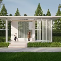 Modern White Pergola With Slatted Design Among Green Trees And Lawn Area