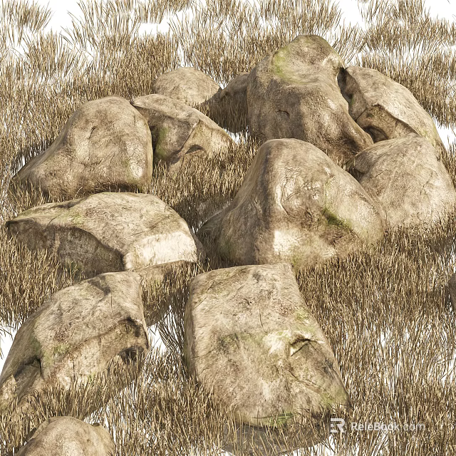 Natural Stone And Wood Elements In Dry Grass Outdoor Landscape 3d model 