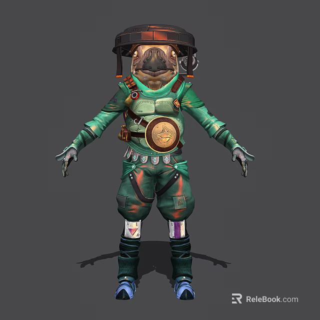 Game and Movie Character Anthropomorphic Frog In Green Outfit With Helmet Badge And Knee Pads 3d model 