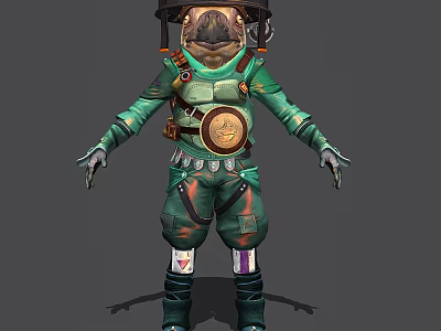 Game and Movie Character Anthropomorphic Frog In Green Outfit With Helmet Badge And Knee Pads 3d model