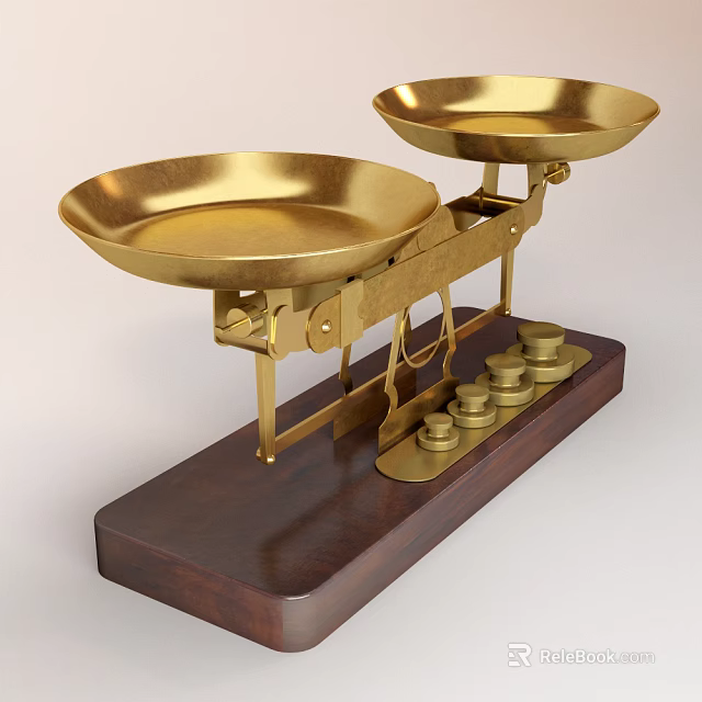 Golden Commercial Balance Scale With Wooden Base And Precision Weights 3d model 