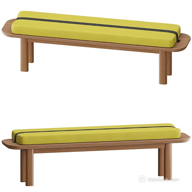 Modern Wooden Bench with Yellow Cushion Black Stripe and Solid Wood Frame Design 3d model 