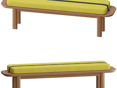 Modern Wooden Bench with Yellow Cushion Black Stripe and Solid Wood Frame Design 3d model