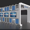 Modern Event Exhibition Wall with Cultural Display Screens Tables Chairs and Green Plant
