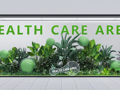 Health Care Area Window Display With Green Plants Balloons And Signage 3d model