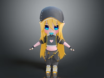 Cartoon Girl Character With Long Blond Hair Black Cap Blue Eyes And Casual Outfit 3d model
