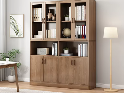 Wooden Bookcase With Glass Doors In Modern Interior Holding Books Globe Files And Potted Plants 3d model