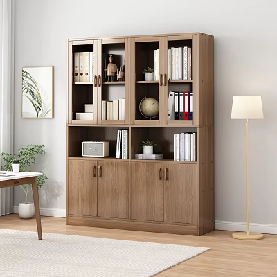 Wooden Bookcase With Glass Doors In Modern Interior Holding Books Globe Files And Potted Plants 3d model