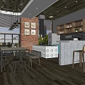 Modern Cafe Interior Featuring Wooden Ceiling Brick Wall Bar Counter Green Plants And Seating