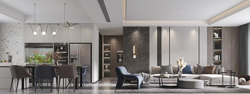 Modern Dining and Living Room Interior Design With Sofa Coffee Table And Marble Wall 3d model