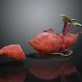 Whole Sweet Potatoes With Green Leaves Roots And Sliced Piece On Dark Background