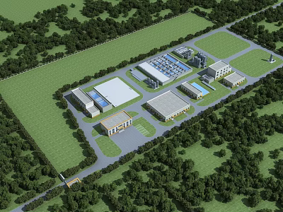 Aerial View of Industrial Factory Complex With Multiple Buildings and Green Surroundings 3d model