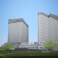Modern Twin Office Towers With Glass Facade Green Landscaping And Surrounding Lawn Trees
