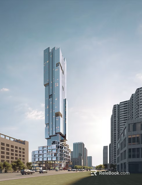 Modern High Rise Office Building With Glass Facade And Urban Skyline View 3d model 