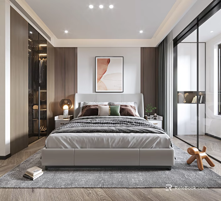Modern Bedroom Interior Design With Large Bed Headboard Artwork Nightstands And Wardrobe 3d model 