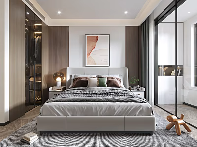 Modern Bedroom Interior Design With Large Bed Headboard Artwork Nightstands And Wardrobe 3d model