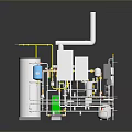 Industrial Equipment Setup With Pipes Tanks Cylindrical Unit Valves And Colored Containers
