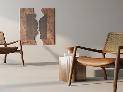 Modern Leisure Chairs With Wooden Frame Woven Details And Side Table Books Vase Wall Art 3d model