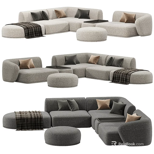 Modern Gray Fabric Sofa Set With Modular Design Decorative Pillows Plaid Blankets And Round Ottomans 3d model 