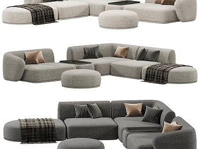 Modern Gray Fabric Sofa Set With Modular Design Decorative Pillows Plaid Blankets And Round Ottomans 3d model