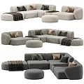 Modern Gray Fabric Sofa Set With Modular Design Decorative Pillows Plaid Blankets And Round Ottomans