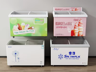 Various Design Deep Freezers with Ice Cream Graphics and Display Features 3d model