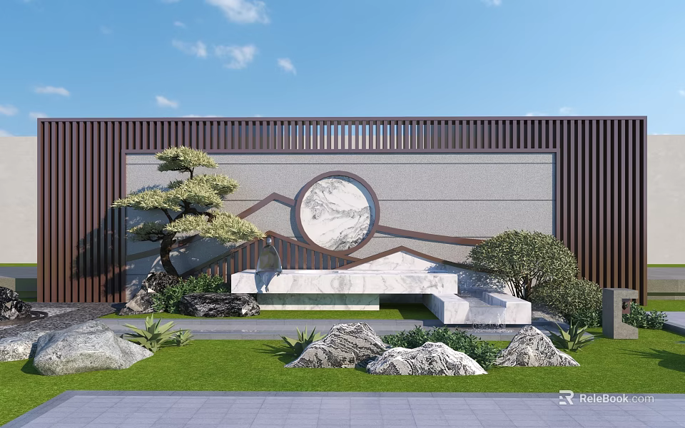 Chinese Garden Wall With Circular Moon Design Rock Formations And Pine Tree 3d model 