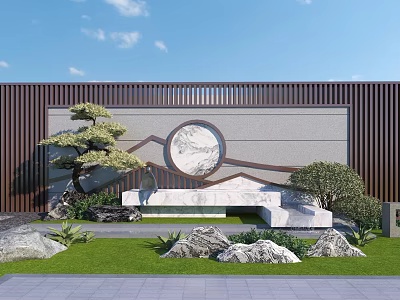 Chinese Garden Wall With Circular Moon Design Rock Formations And Pine Tree 3d model
