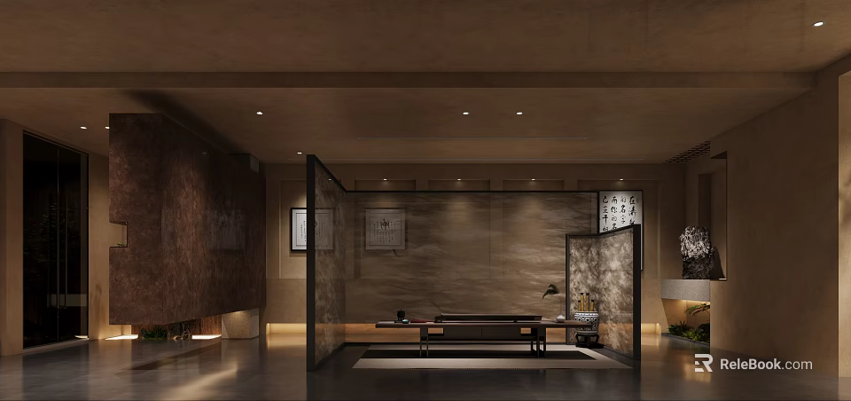 Modern Luxury Office Interior With Chinese Elements Partition Wooden Stone Lighting And Wall Art 3d model 