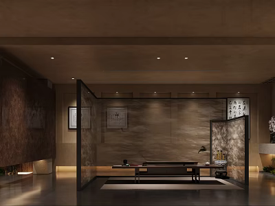 Modern Luxury Office Interior With Chinese Elements Partition Wooden Stone Lighting And Wall Art 3d model
