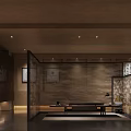 Modern Luxury Office Interior With Chinese Elements Partition Wooden Stone Lighting And Wall Art