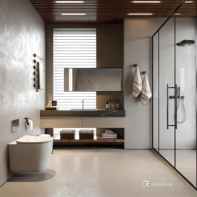 Modern Bathroom Interior Design With Vanity Mirror Storage Shelves Shower Enclosure And Towels 3d model 