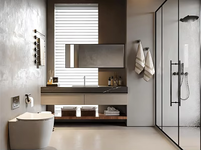 Modern Bathroom Interior Design With Vanity Mirror Storage Shelves Shower Enclosure And Towels 3d model