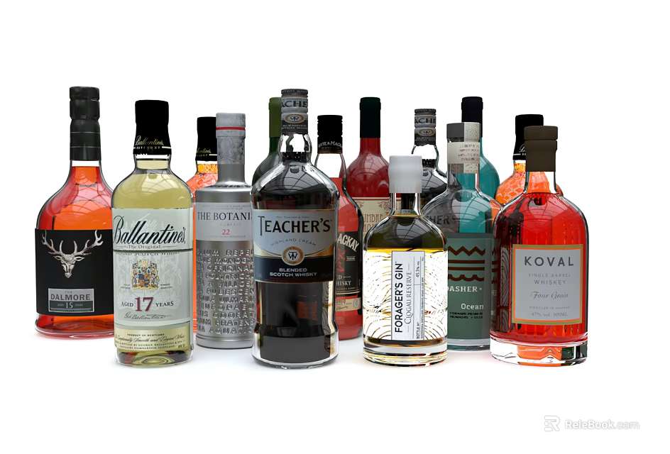 Assorted Wine Bottles and Tasting Glasses from Various Brands in Colorful 3d model 