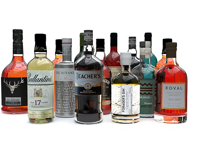 Assorted Wine Bottles and Tasting Glasses from Various Brands in Colorful 3d model